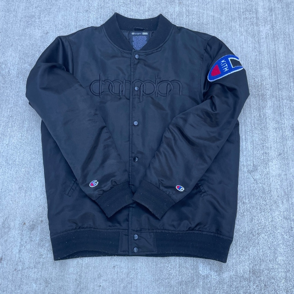 Champion X Kith collaboration Black Varsity  bomber Jacket